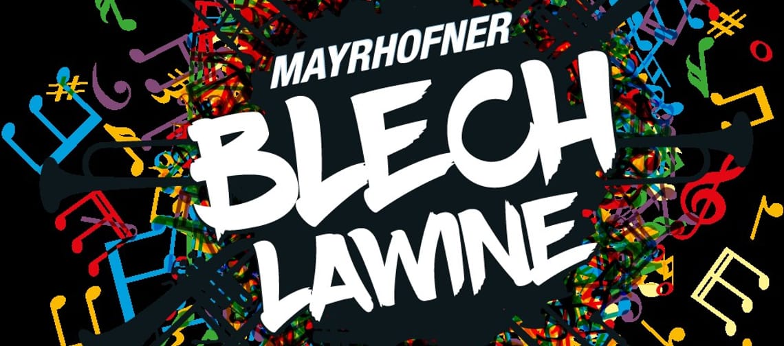 The image shows the logo of Blechlawine in white lettering with colorful musical notes on a black background.