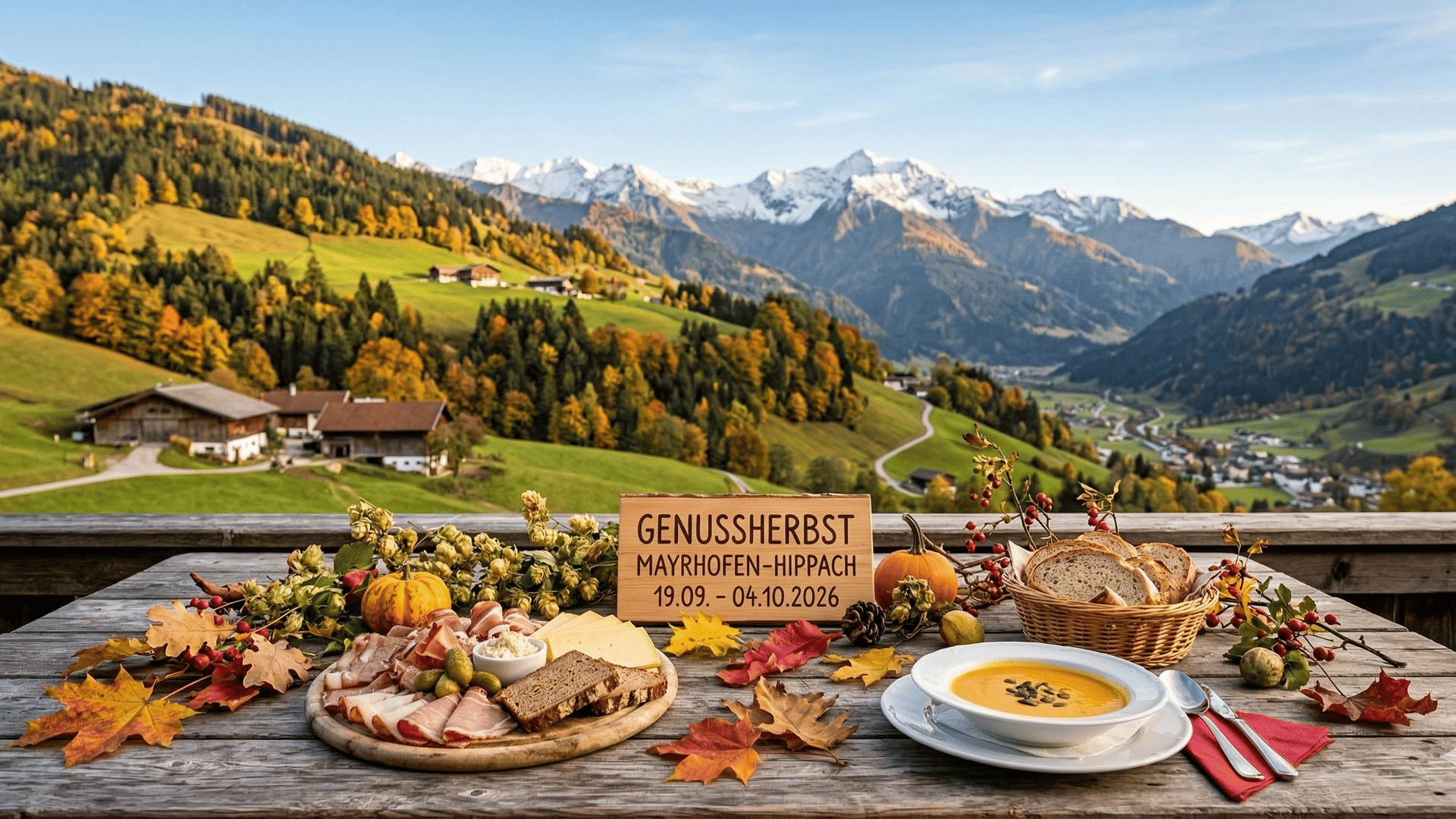 Ein herbstlich gedeckter Holztisch mit Brettljause, Kürbissuppe und Brot vor einem weiten Blick auf herbstliche Bergwälder und schneebedeckte Gipfel. Ein Holzschild zeigt: Genussherbst Mayrhofen-Hippach 19.09. - 04.10.2026.
