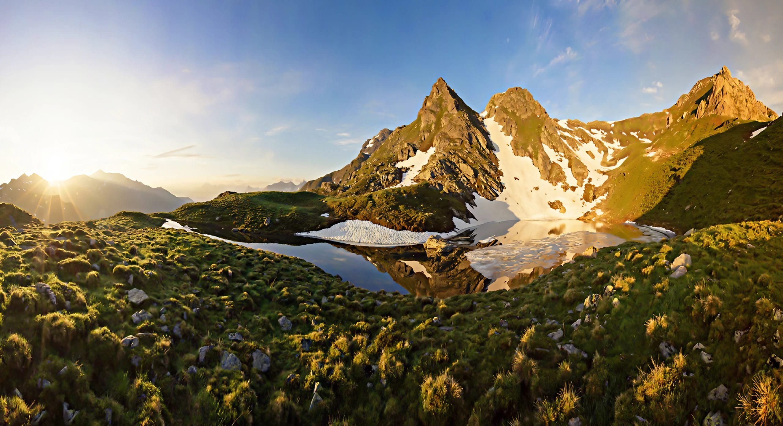 Sonnenaufgang beim Eiskarsee, man sieht einen schneebedeckten Berg und Gras umliegend