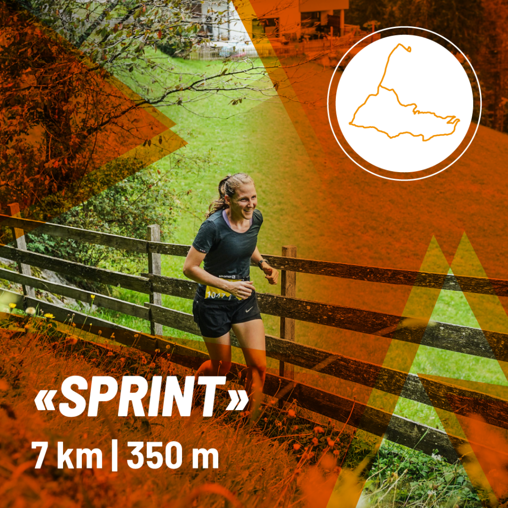 A trail runner is running on a narrow path next to a wooden fence on the SPRINT route (7 km, 350 meters elevation gain). The surroundings feature green meadows and forest in the background. Top right shows a circular logo with the course profile.