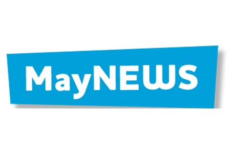 MayNEWS MayNEWS logo in blue gradient with white lettering on a light background; lettering as a visual symbol for the Mayrhofen-Hippach region newsletter.