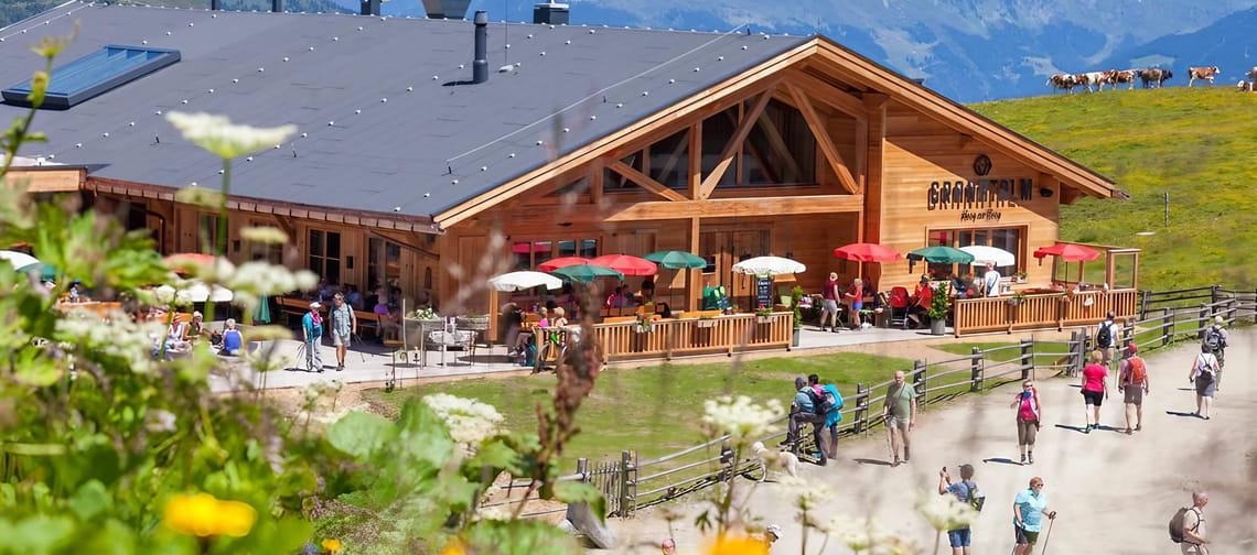 Das Bild zeigt die Granatalm im Sommer mit Terrasse und einer Blumenwiese im Vordergrund.