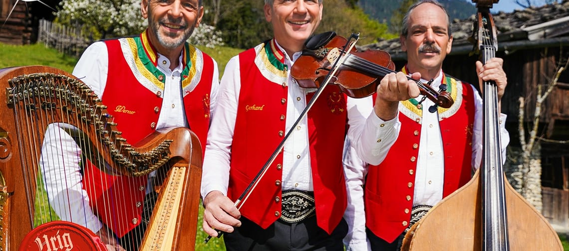 Drei Männer in traditioneller Tracht mit Instrumenten vor ländlicher Kulisse, Titel 'Zellberg Buam'.