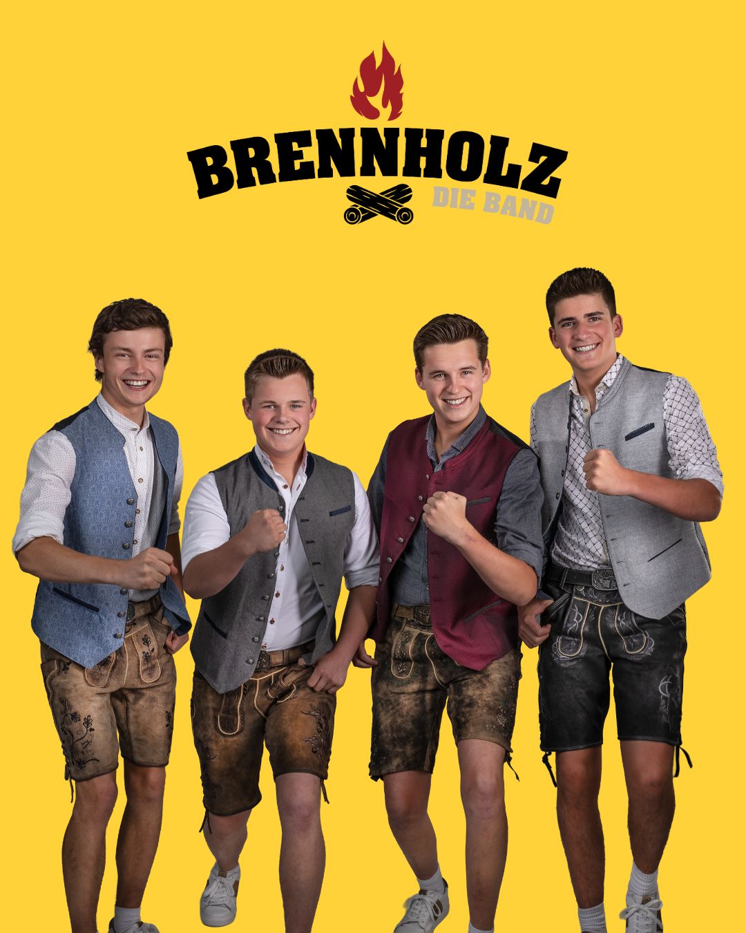 The image shows the group ‘Brennholz’ wearing traditional costume against a yellow background.