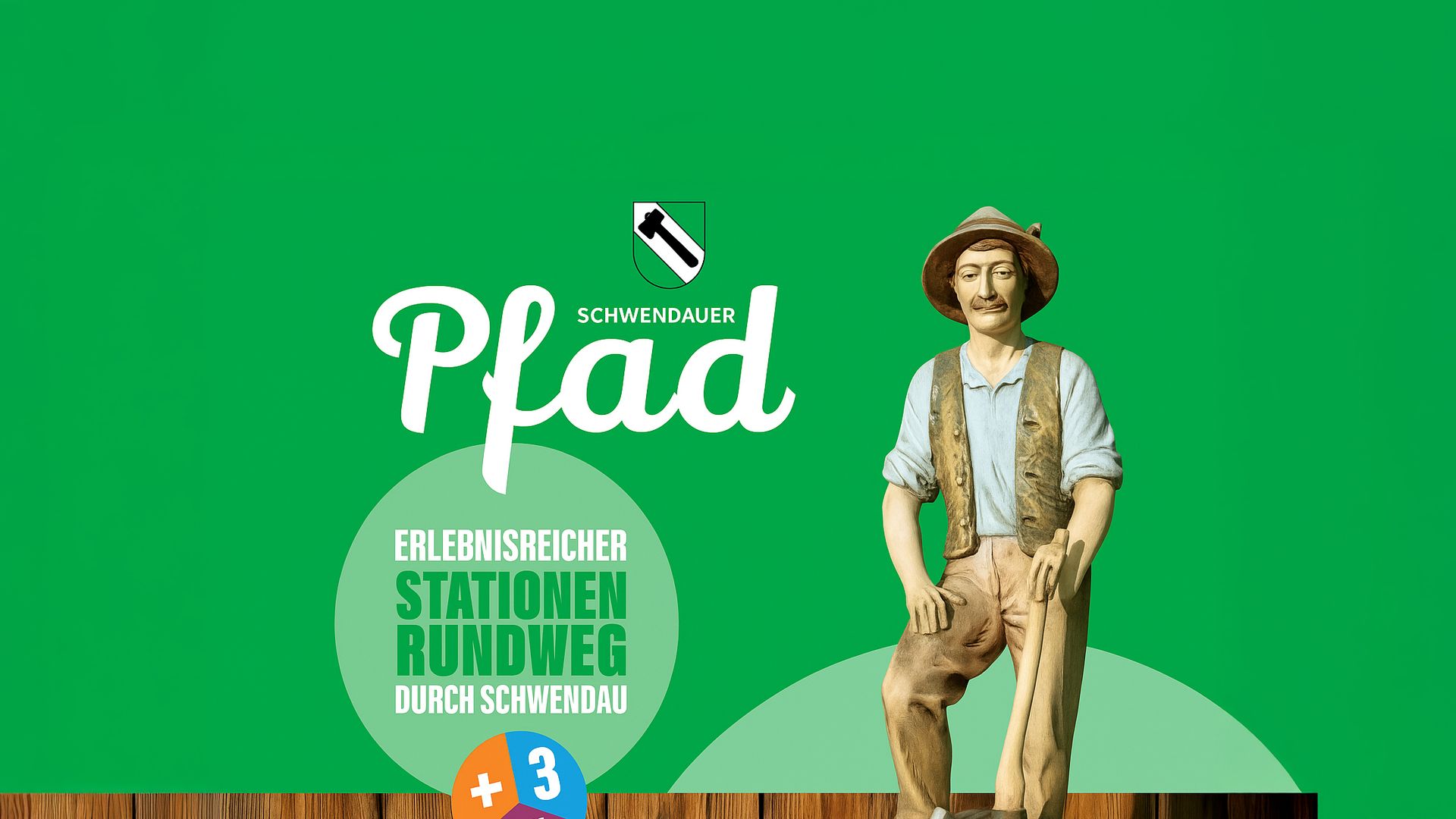 This image shows the “Schwendauer Pfad” logo, a green background with text about an experience trail, and a statue of a man wearing a hat, shirt, and vest. At the bottom, it highlights three additional loop trails.