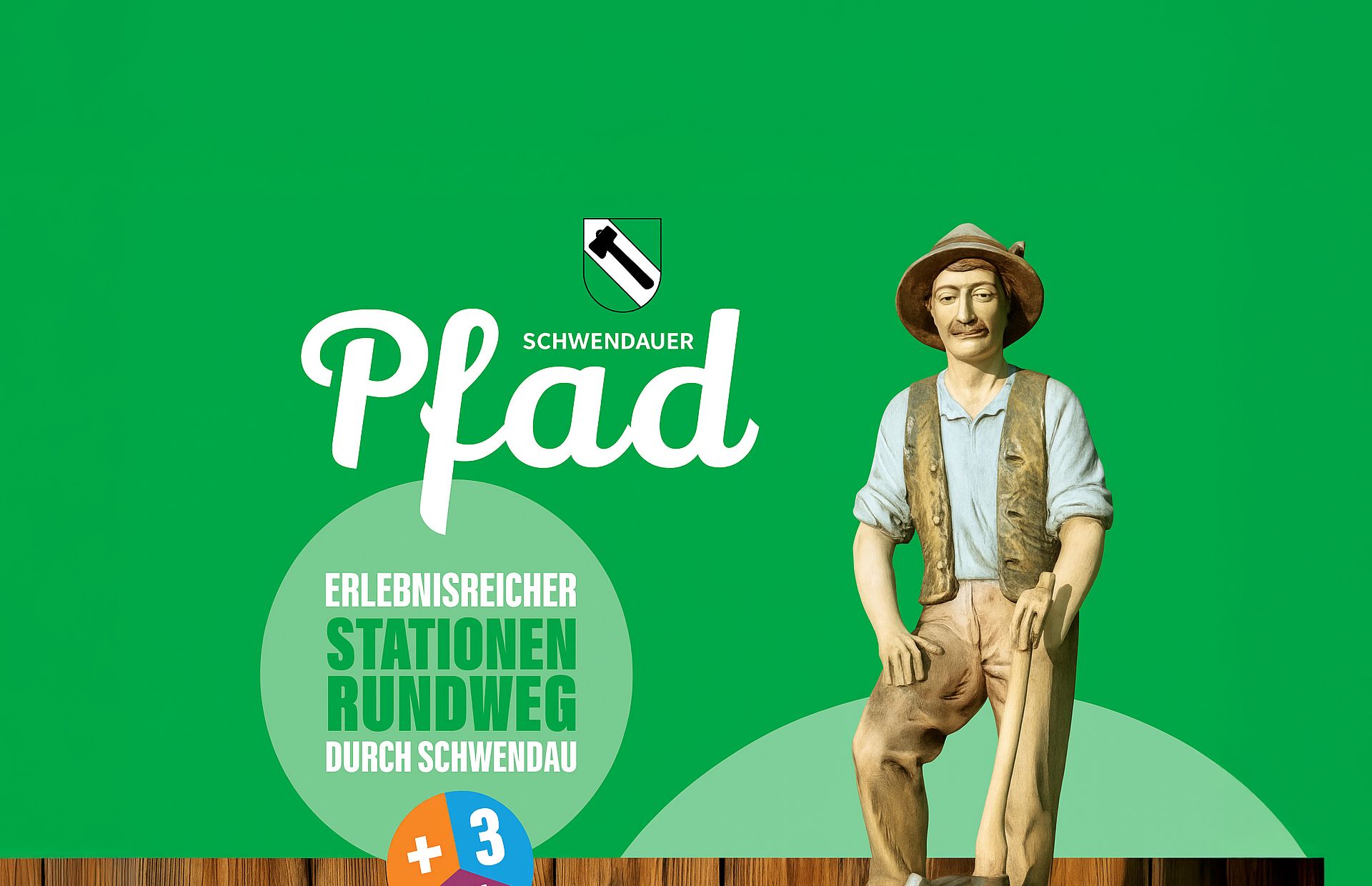 Dieses Bild zeigt das Logo „Schwendauer Pfad“, einen grünen Hintergrund mit Text zu Erlebnisrundwegen sowie die Statue eines Mannes mit Hut, Hemd und Weste. Unten befindet sich ein Hinweis auf drei zusätzliche Rundwege.