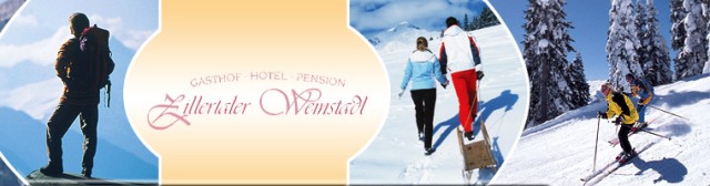 Der Flyer zeigt von links nach rechts eine Reihe von Bildern: Links ist ein Bergsteiger zu sehen, in der Mitte steht der Schriftzug „Zillertaler Weinstadl“. Daneben ziehen zwei Personen gemeinsam einen Schlitten, und rechts ist ein Skifahrer in Aktion abg
