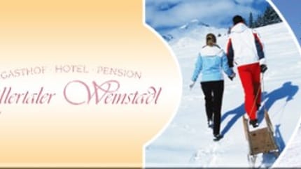 The flyer displays a row of images from left to right: On the left, there is a mountain climber, in the center the text “Zillertaler Weinstadl” is shown. Next to it, two people are pulling a sled together, and on the right, a skier is captured in action.