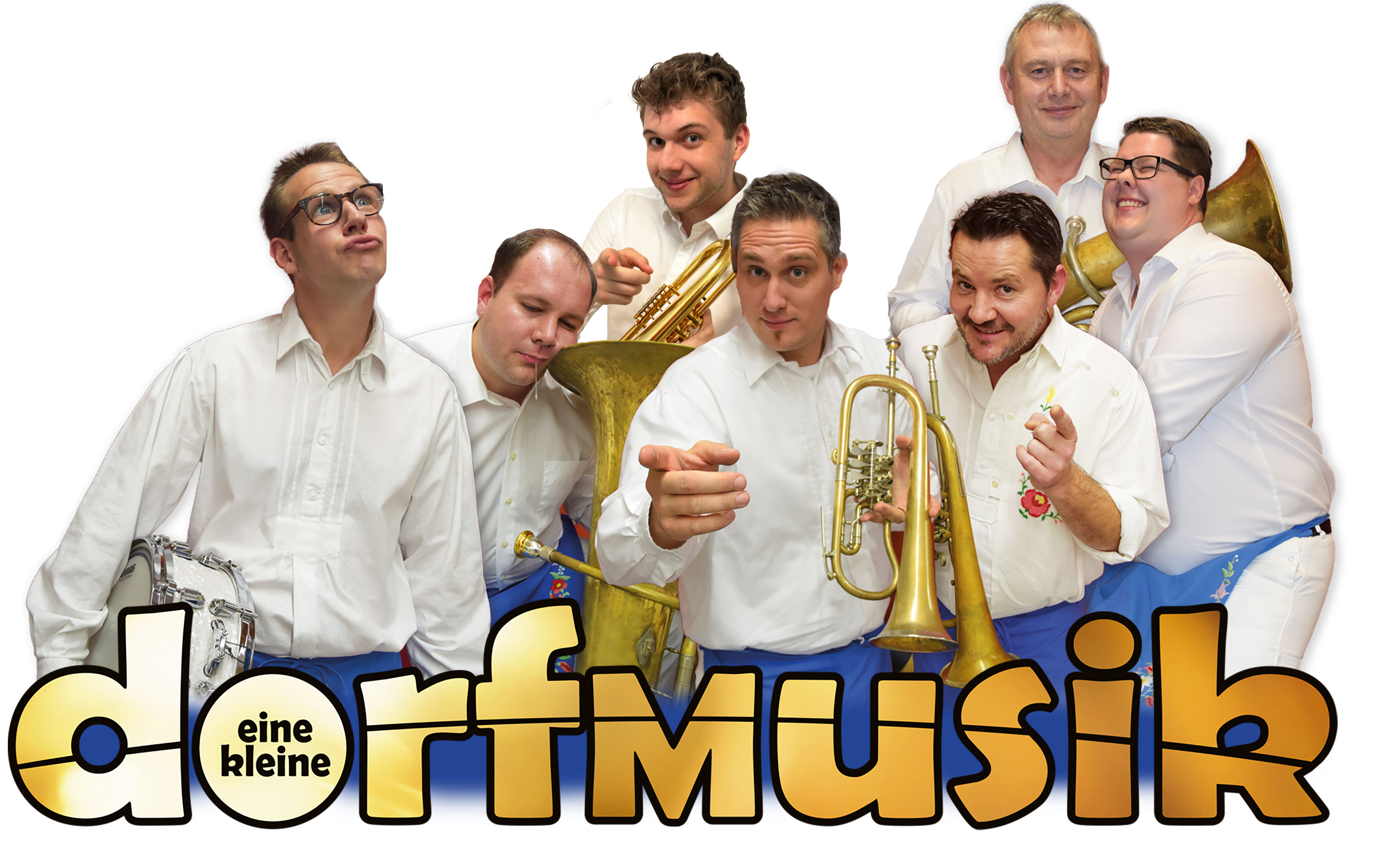 Group of eight men with musical instruments, wearing white shirts, smiling or making funny faces.