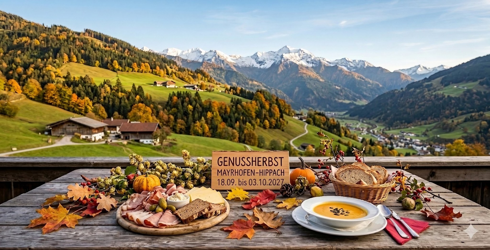 A wooden table set with a deli platter, pumpkin soup, and bread overlooking autumn forests and snowy peaks. A wooden sign reads: Genussherbst Mayrhofen-Hippach Sept 18 - Oct 3, 2027.