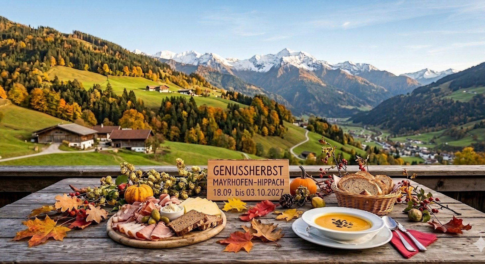 A wooden table set with a deli platter, pumpkin soup, and bread overlooking autumn forests and snowy peaks. A wooden sign reads: Genussherbst Mayrhofen-Hippach Sept 18 - Oct 3, 2027.