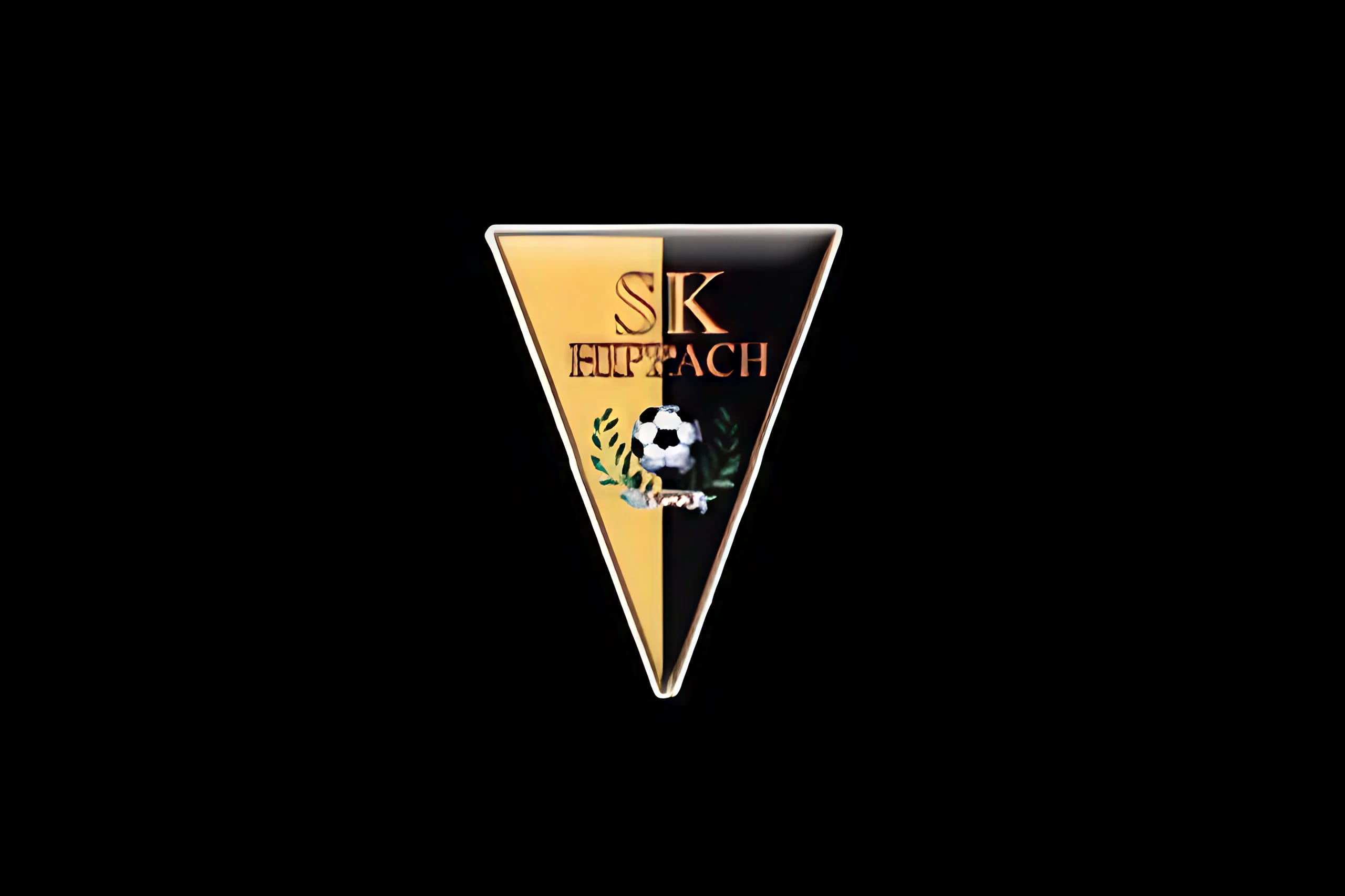 The image shows a triangular club logo of SK Hippach in black and gold, featuring a soccer ball and a laurel wreath in the center.