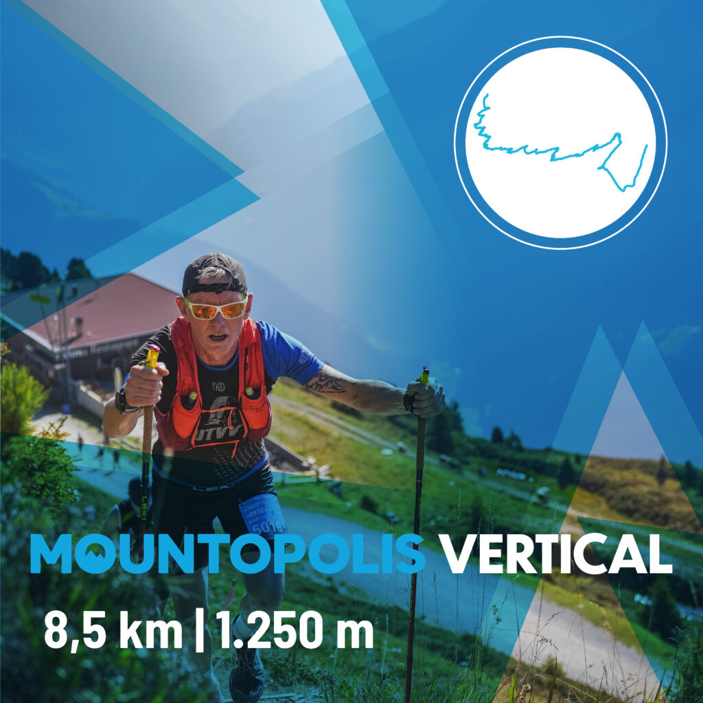 Trail runner with red backpack and poles ascends steep slope on MOUNTOPOLIS VERTICAL route (8.5 km, 1,250 m). Background: mountain hut, meadows, blue sky. Circular course logo in top right.