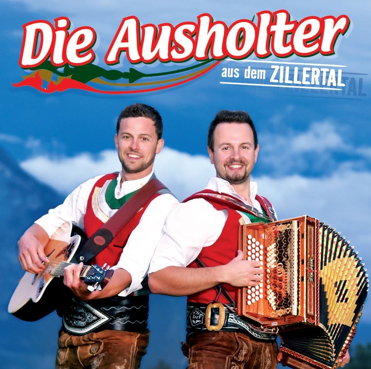 Das Bild zeigt die Gruppe "Die Ausholter" mit einem Musikanten mit Gitarre und einem Musikanten mit einer Ziehharmonika.