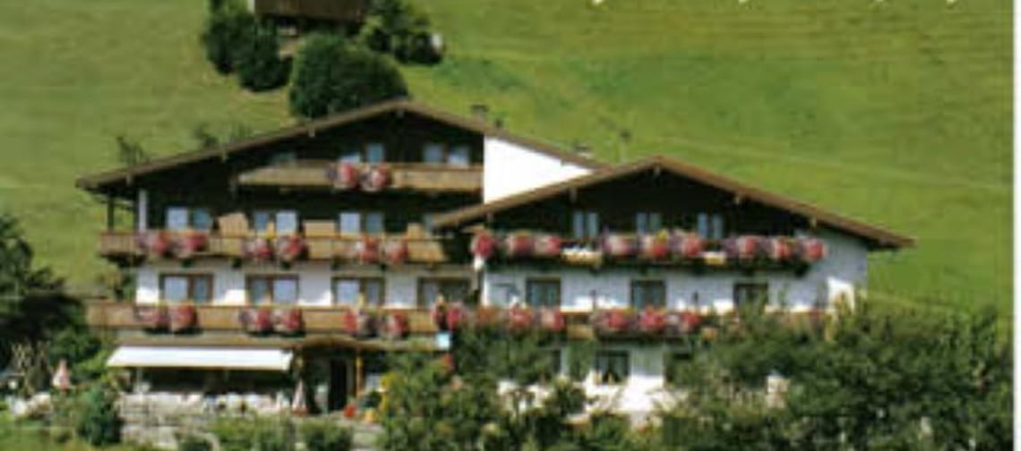 The picture shows Gasthof Berghof from the outside. In front of the building lies a green meadow, and trees surround the area, creating a natural and cozy atmosphere.