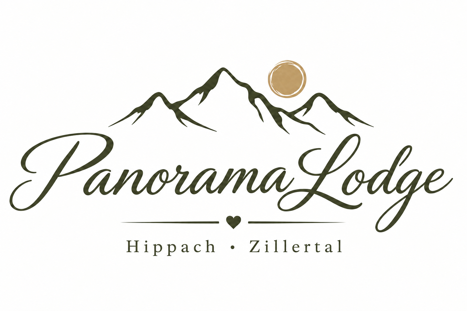Logo with mountain silhouette, sun, heart, and the text 'PanoramaLodge' with 'Hippach · Zillertal'
