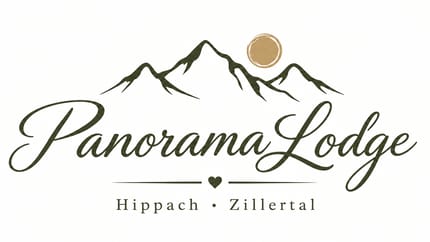 Logo with mountain silhouette, sun, heart, and the text 'PanoramaLodge' with 'Hippach · Zillertal'