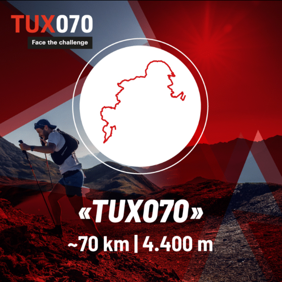 TUX070 Ultratrail: 70 km, 4,400 meters elevation gain. The image shows a trail runner in an alpine landscape with mountains. Design elements: red route map, event logo 'Face the Challenge'. A demanding trail running event in the Zillertal Alps.
