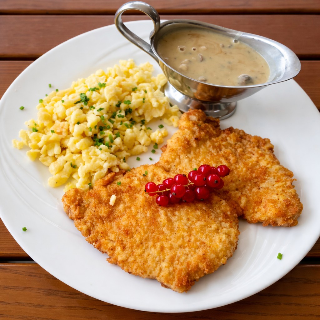 Ein Wiener Schnitzel mit Spätzle und Champignonsauce