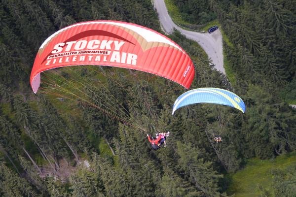 Zwei Gleitschirmflieger fliegen über einen Wald, einer mit rotem, der andere mit blauer Schirm, in der Luft. 