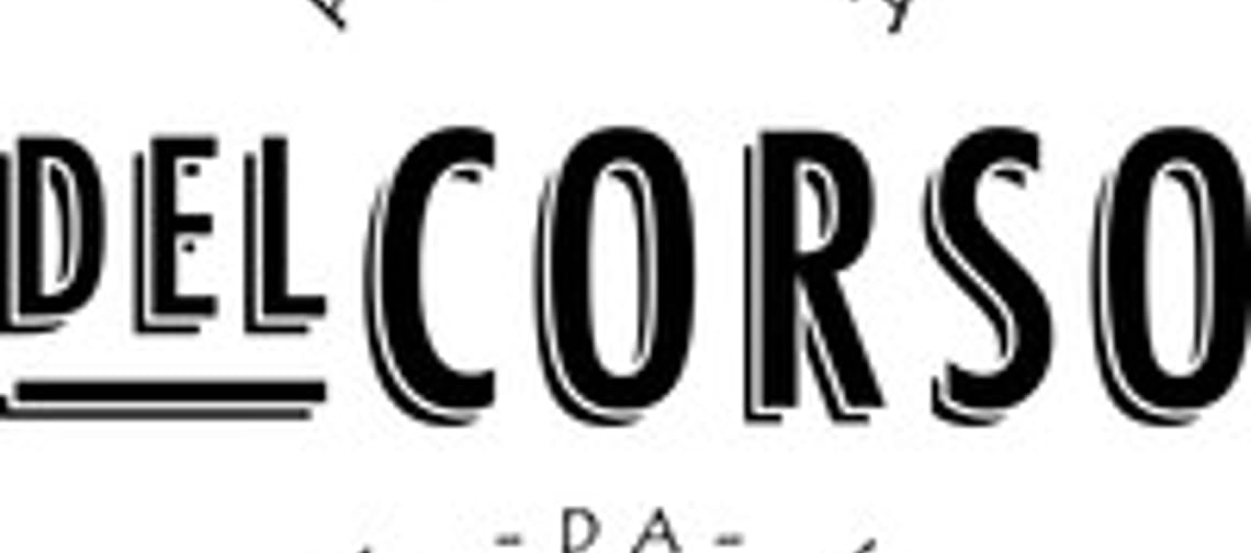The logo of Pizzeria del Corso with black lettering and a white background.