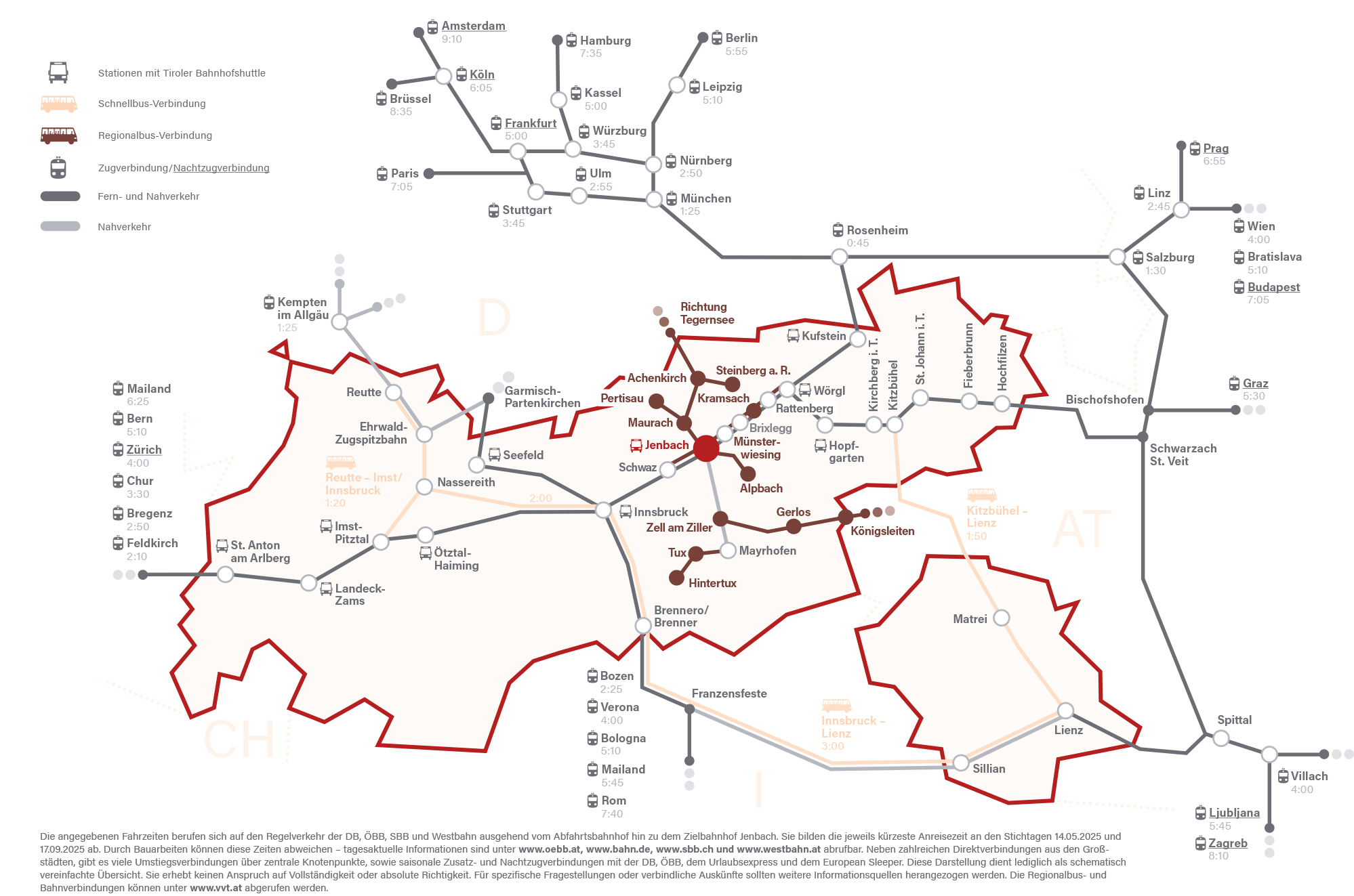 Railway map to Jenbach in Tyrol. Shows international and regional routes, transfer points, and accessible stations.