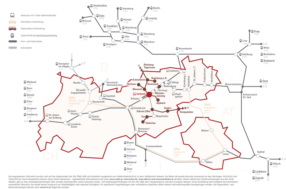 With the train to Jenbach Railway map to Jenbach in Tyrol. Shows international and regional routes, transfer points, and accessible stations.