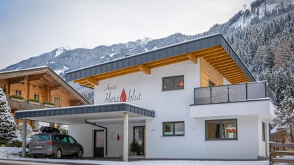 Modern white building with wooden accents and balcony, snowy mountains in the background, car and street in front.