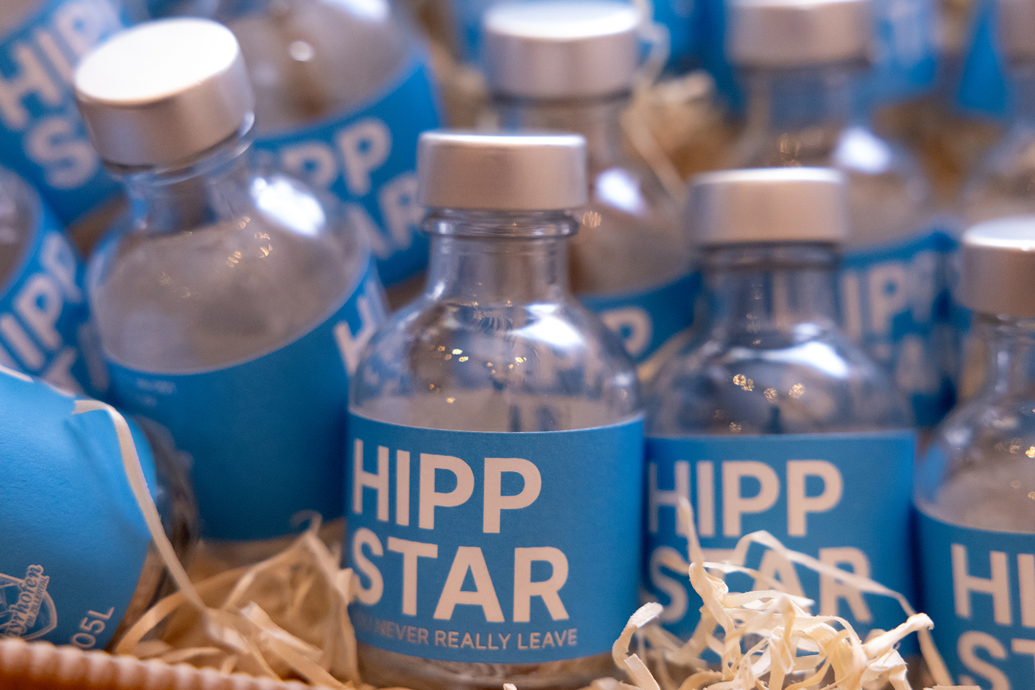 Mehrere kleine Glasflaschen mit silbernen Schraubverschlüssen und blauen Etiketten mit weißer Schrift „HIPP STAR" und dem Slogan „WE NEVER REALLY LEAVE", eingebettet in helle Holzwolle. Vorderste Flasche scharf, hintere unscharf.