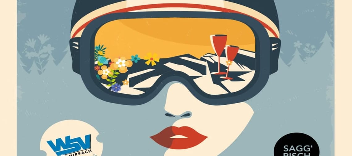 Das Bild zeigt ein stilisiertes Gesicht mit Skibrille, in deren Gläsern eine Après-Ski-Szene mit Blumen, Sonnenliegen und Sektgläsern reflektiert wird.