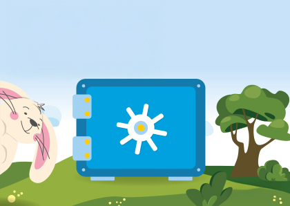 An illustration shows a green meadow with a tree. On the left, a cheerful Easter bunny with long ears is hopping. In the center, there is a large blue safe with a white combination lock. The sky is blue with a few clouds.