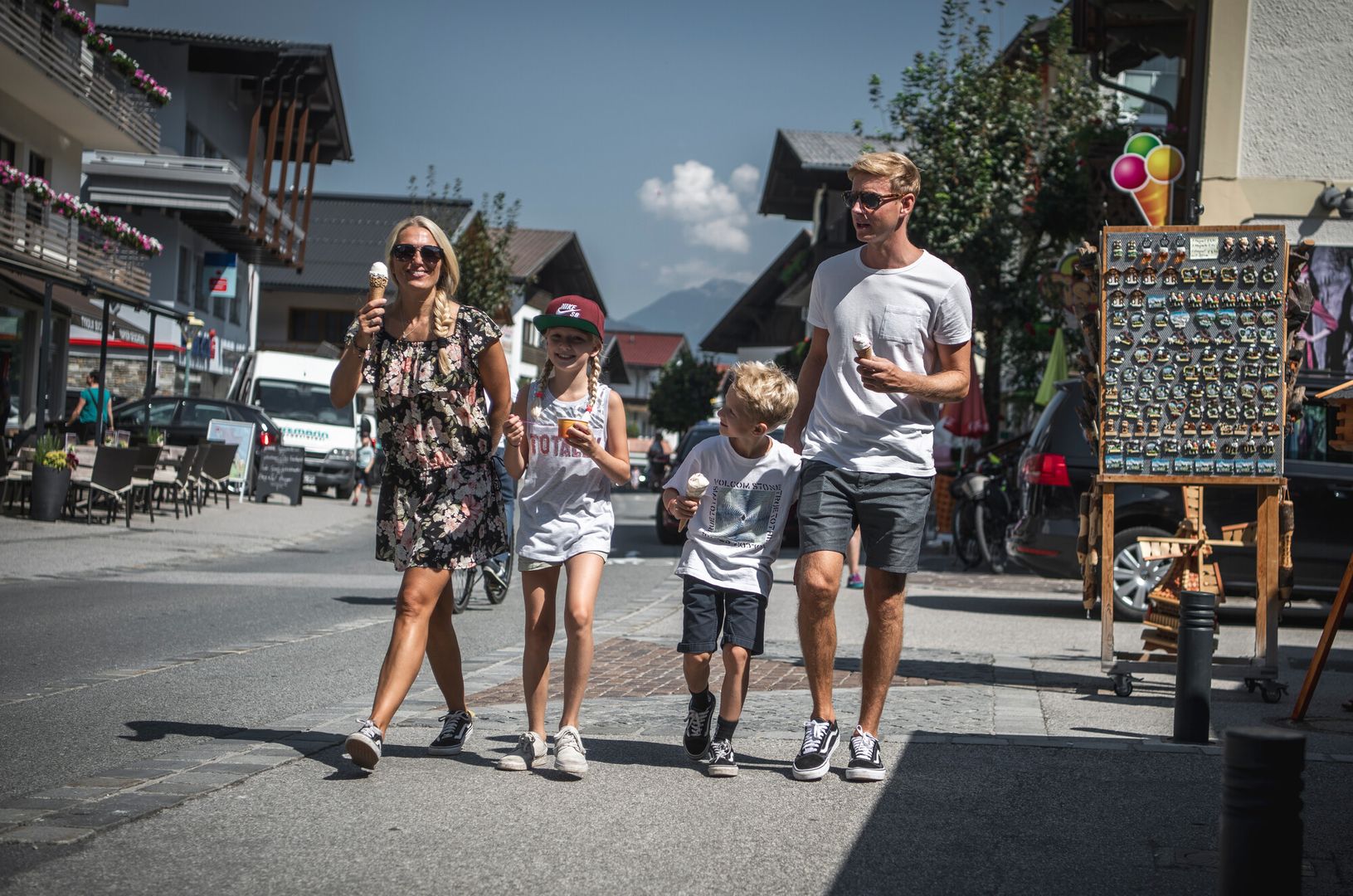 Walk along the Mayrhofen main street in summer