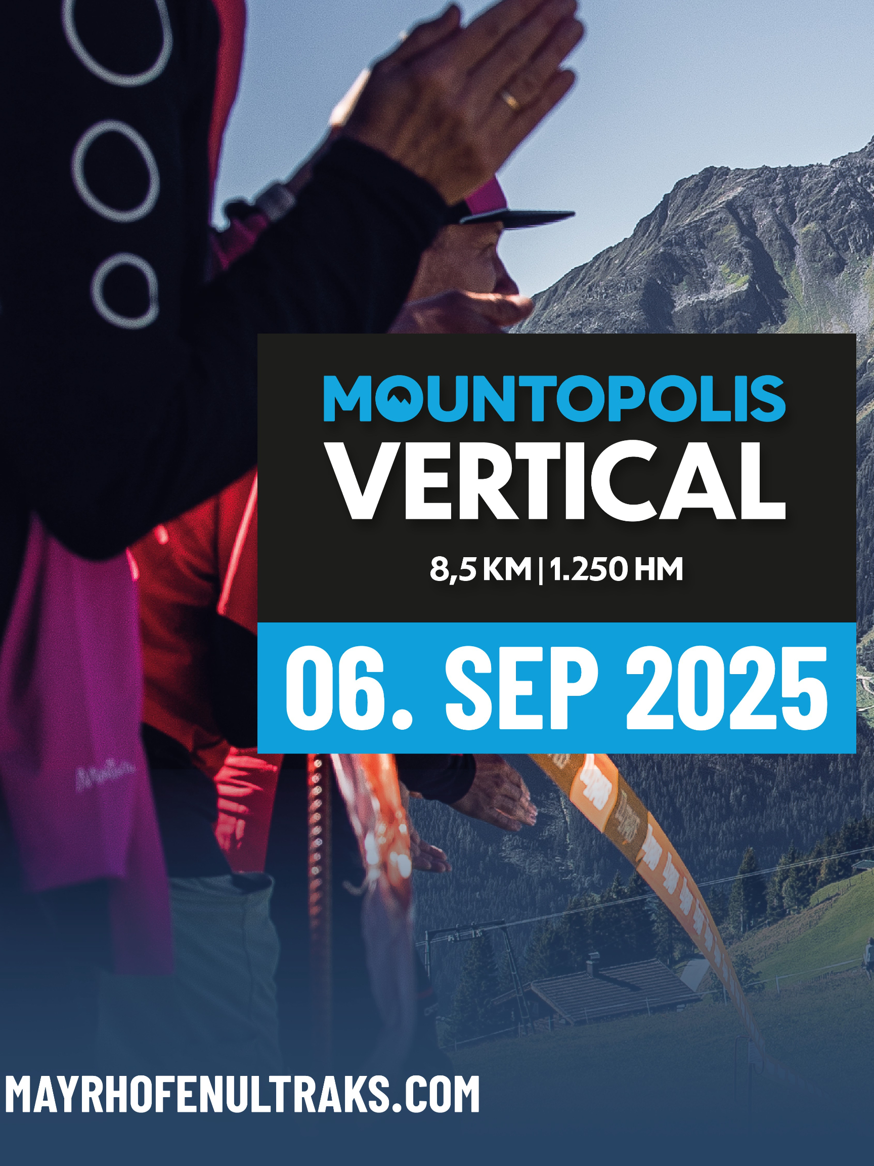 Auf dem Eventposter zum Mountopolis Vertical ist ein Bergläufer, sowie die Höhen- und Kilometerangaben zu sehen. 