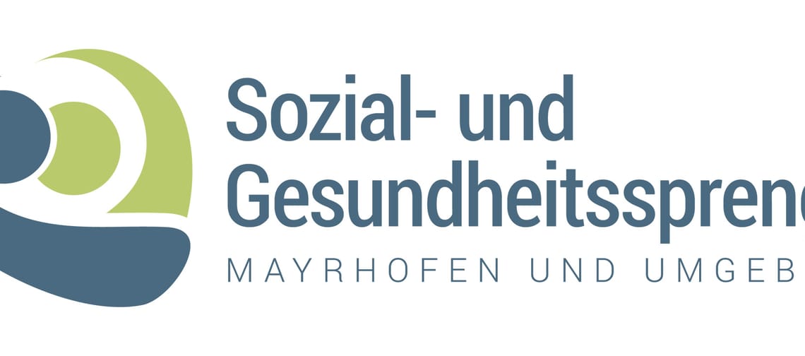 The image reads "Sozial- und Gesundheitssprengel Mayrhofen und Umgebung" in blue lettering, with a blue-green chalk-like symbol with 2 points to the left.