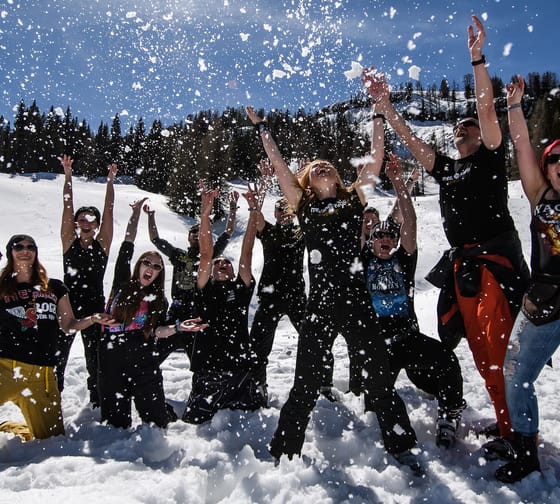 The picture shows a group of people in the snow throwing snow into the air