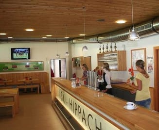 Cozy interior of the clubhouse at Lindenstadion Hippach with wooden ceiling, long counter, seating areas, and guests; home of SK Raika Hippach in Tyrol.