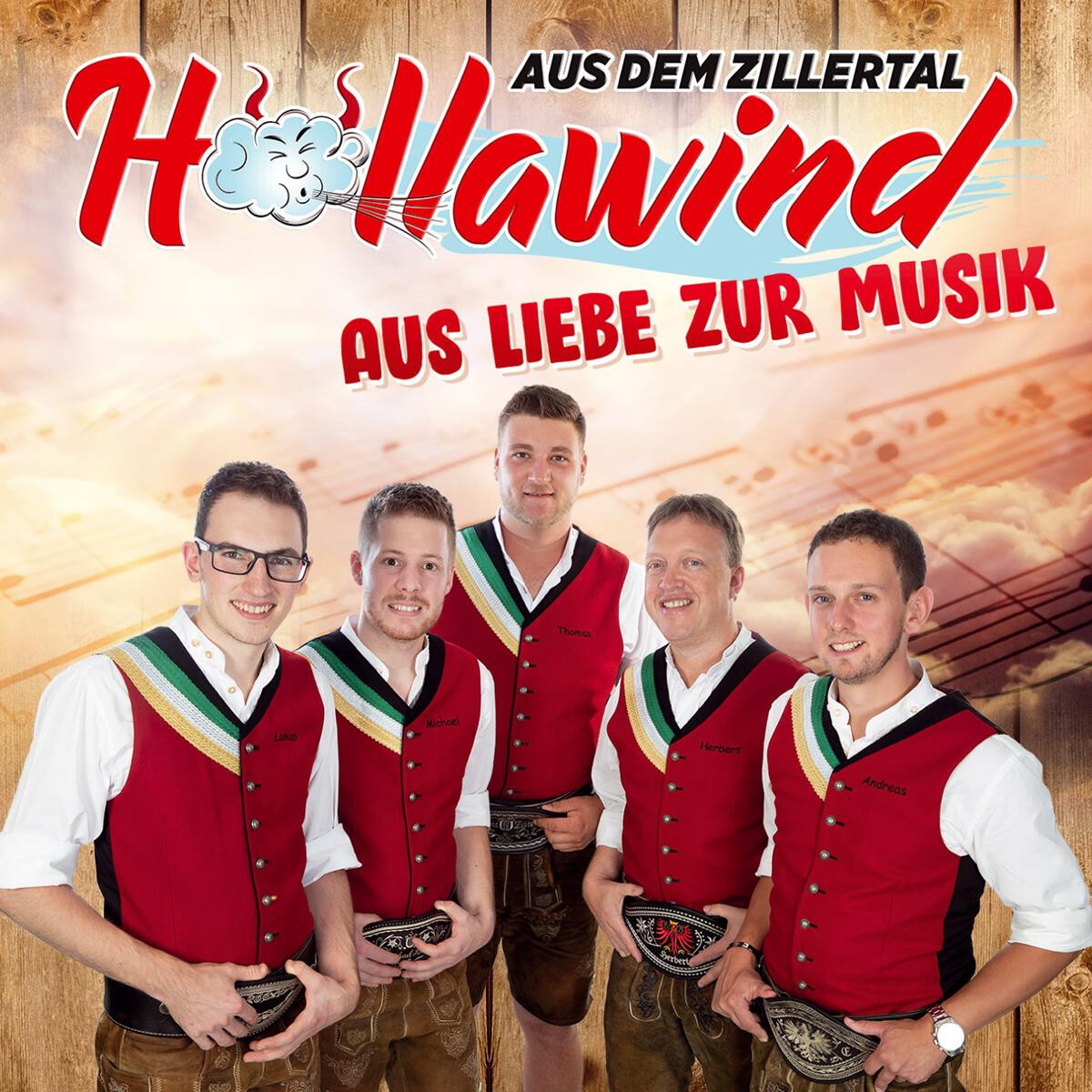 Fünf Männer in traditionellen Trachten vor einem Himmel mit Notenlinien, Titel 'Höllawind' und Text auf Deutsch.