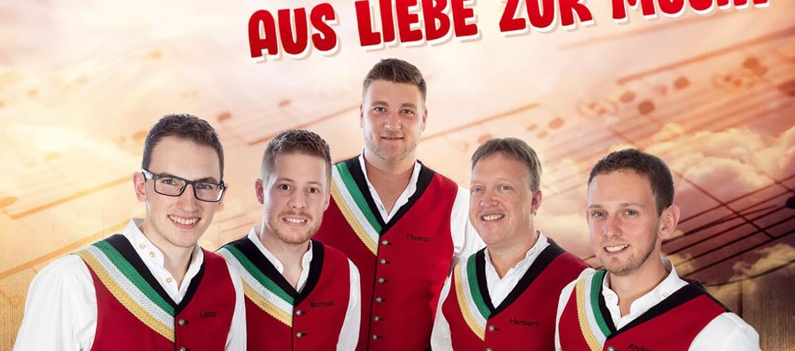 Five men in traditional costumes against a sky with musical notes, titled 'Höllawind' and German text.