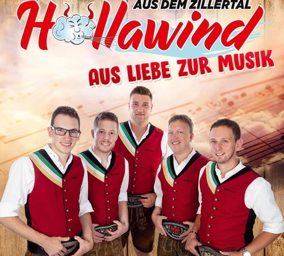 Fünf Männer in traditionellen Trachten vor einem Himmel mit Notenlinien, Titel 'Höllawind' und Text auf Deutsch.