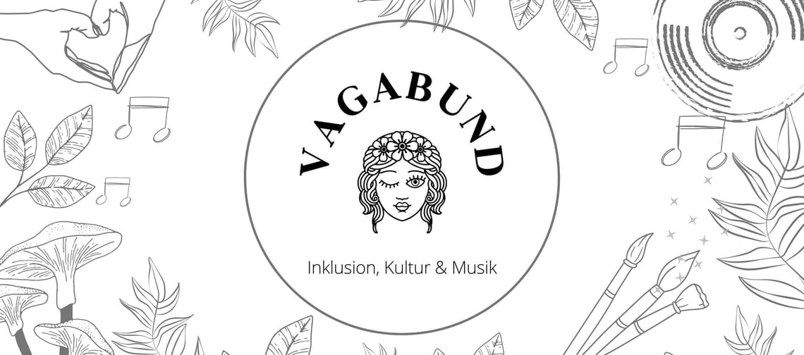 Das Bild zeigt das Logo des Vagabund Verein mit Blättern, Musiknoten, Pilzen, etc.