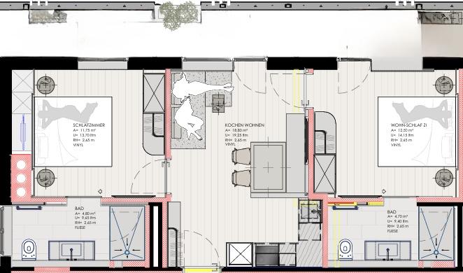 Grundriss eines Apartments mit zwei Schlafzimmern, Bad und offenem Wohn- und Küchenbereich, barrierefreundlich gestaltet.