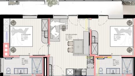 Grundriss eines Apartments mit zwei Schlafzimmern, Bad und offenem Wohn- und Küchenbereich, barrierefreundlich gestaltet.