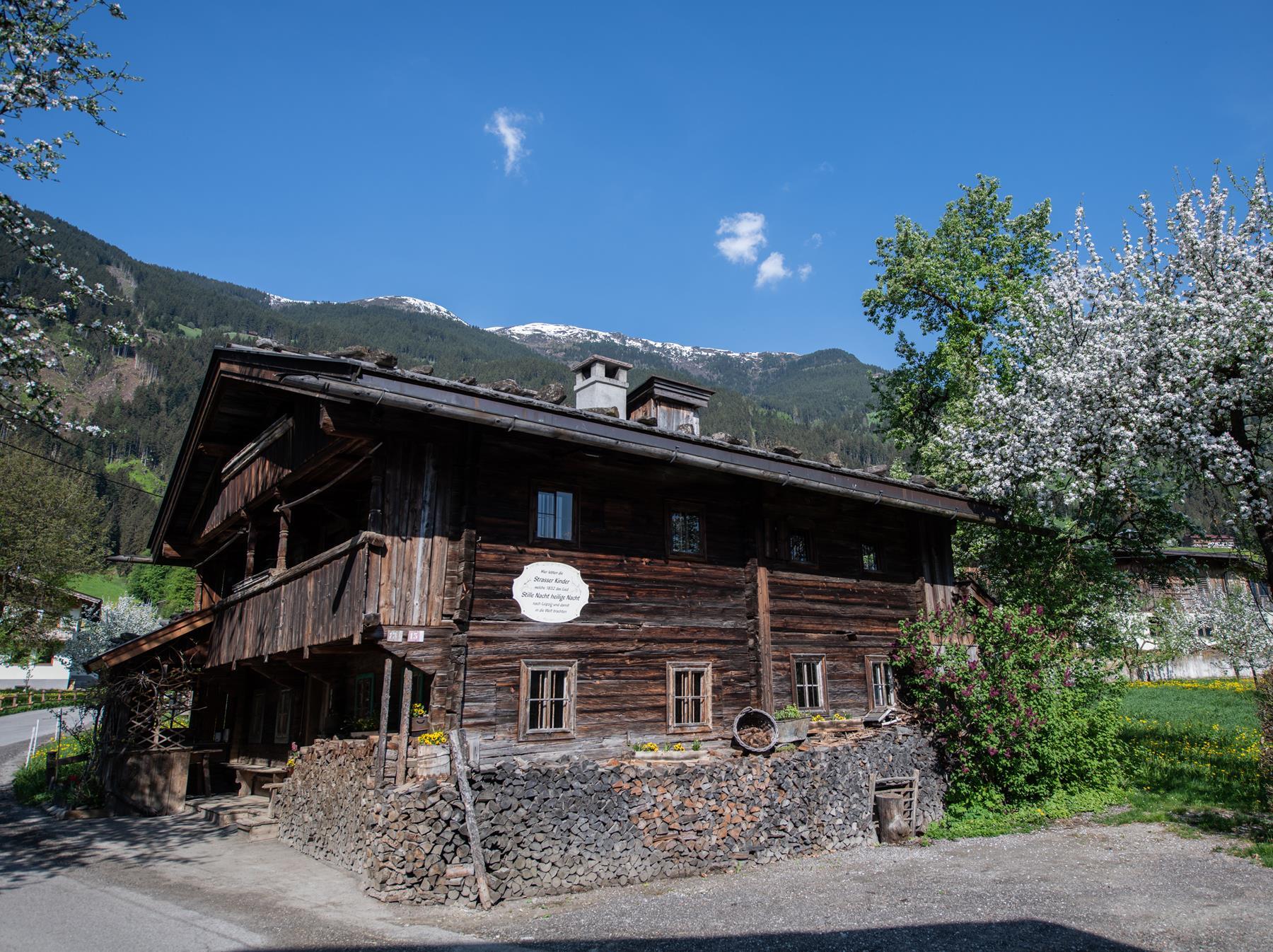 Das Bild zeigt das Museum Strasserhäusl in Laimach mit blühenden Bäumen im Hintergrund.