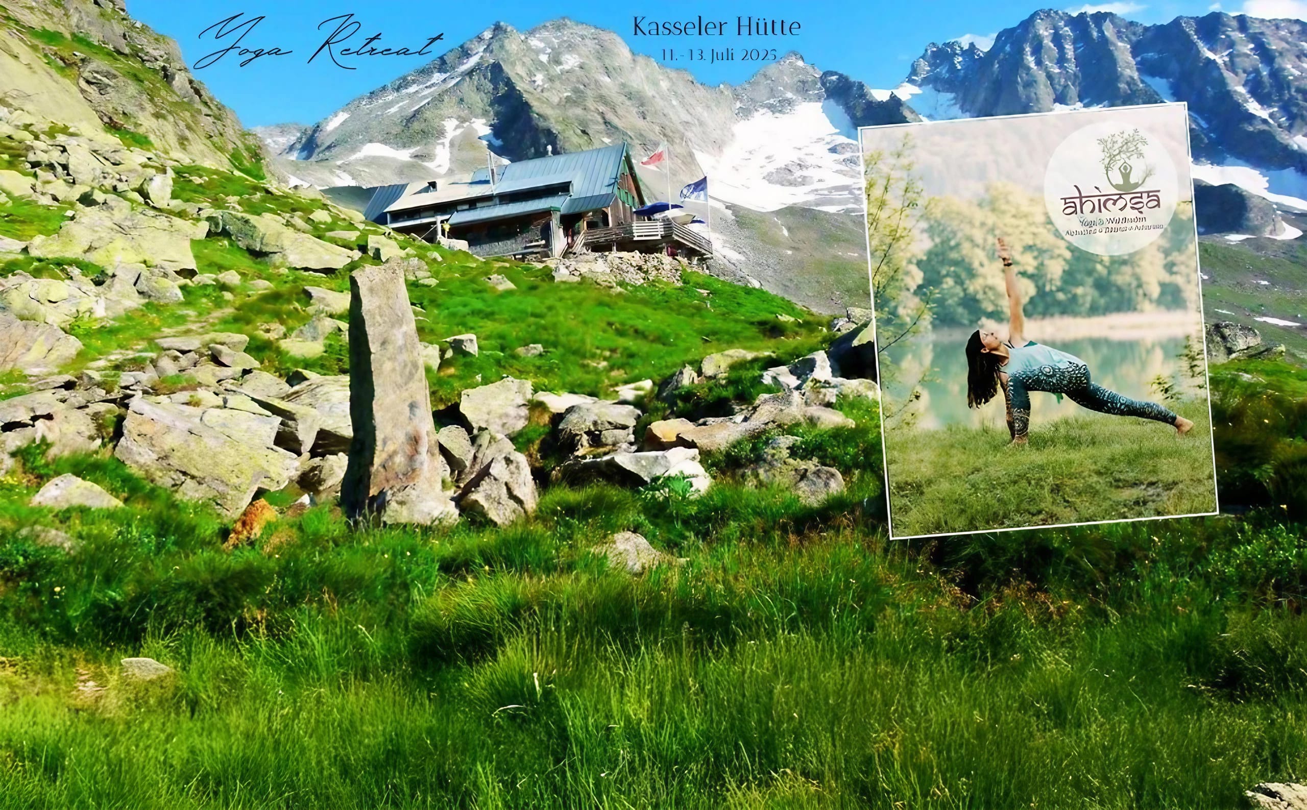 The image shows the Kassler Hütte in the Stillup Valley with a meadow, rocks, and mountains in the background. On the right side of the image, a woman is seen in a yoga pose.
