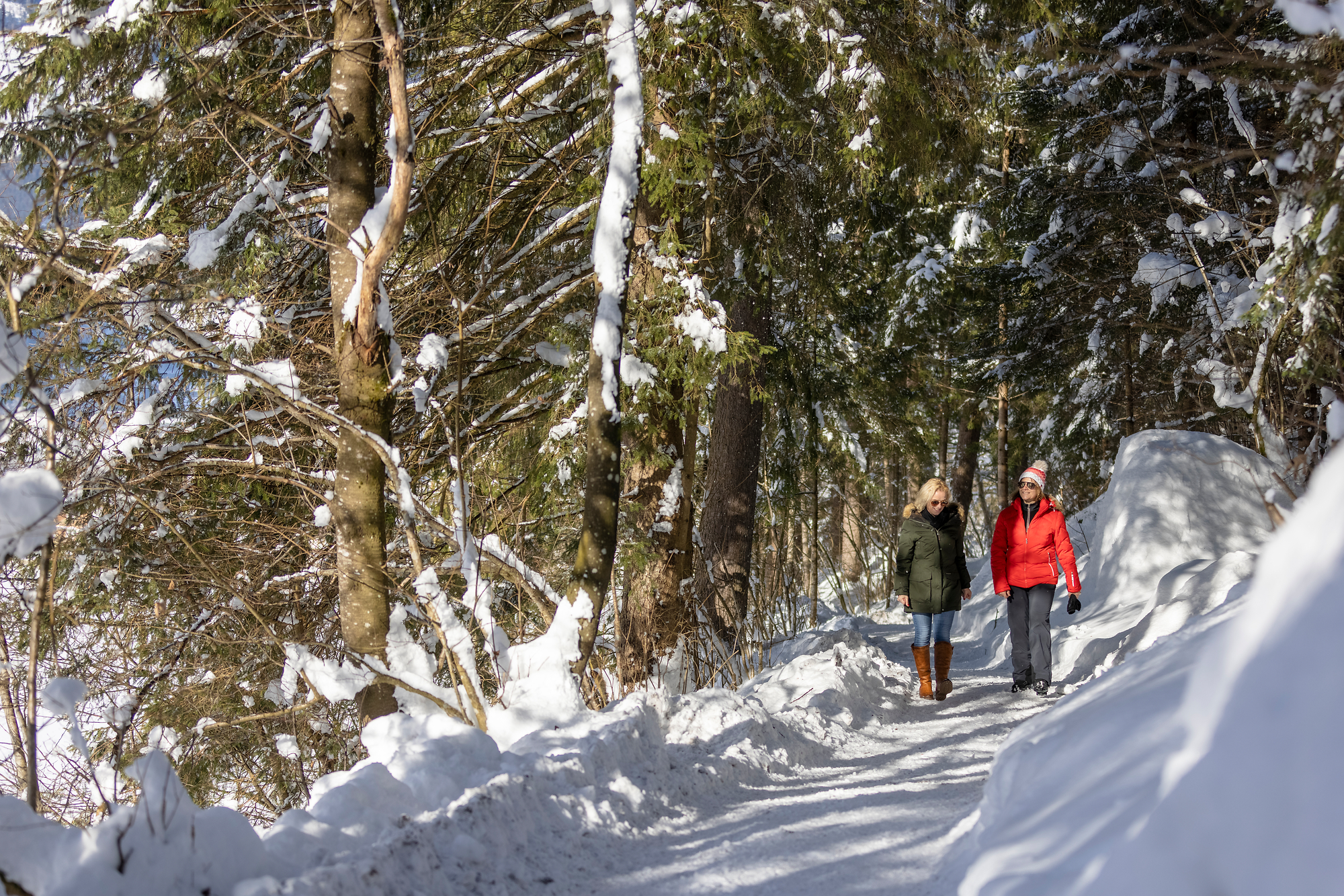 Two women winter hiking on a snowy forest trail in Mayrhofen-Hippach, Tyrol. They are dressed in warm winter clothing, enjoying the snowy nature in sunny weather.