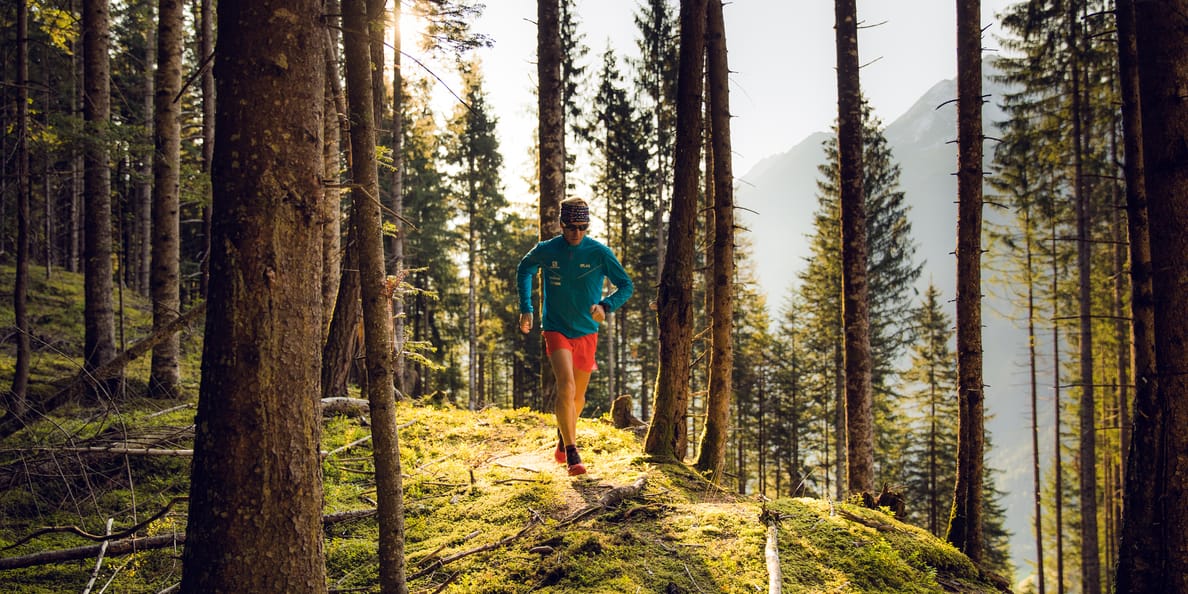 Markus Kröll - Foto Tom Klocker Eine Person beim Trailrunning auf einem weichen Waldpfad in der Ferienregion Mayrhofen-Hippach, Zillertal. Sonnenlicht fällt durch die hohen Bäume, im Hintergrund sind Berge zu sehen. Naturerlebnis und sportliche Herausforderung.