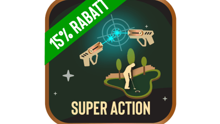 Image of a mini-golf game with two guns, a target, and a 15% discount banner.