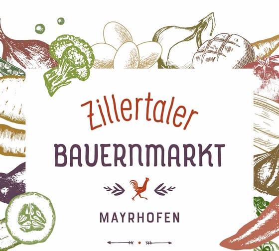 The image shows the logo of the Zillertal Farmers’ Market, with lettering in the center and framed by an illustration of fruit and vegetables.