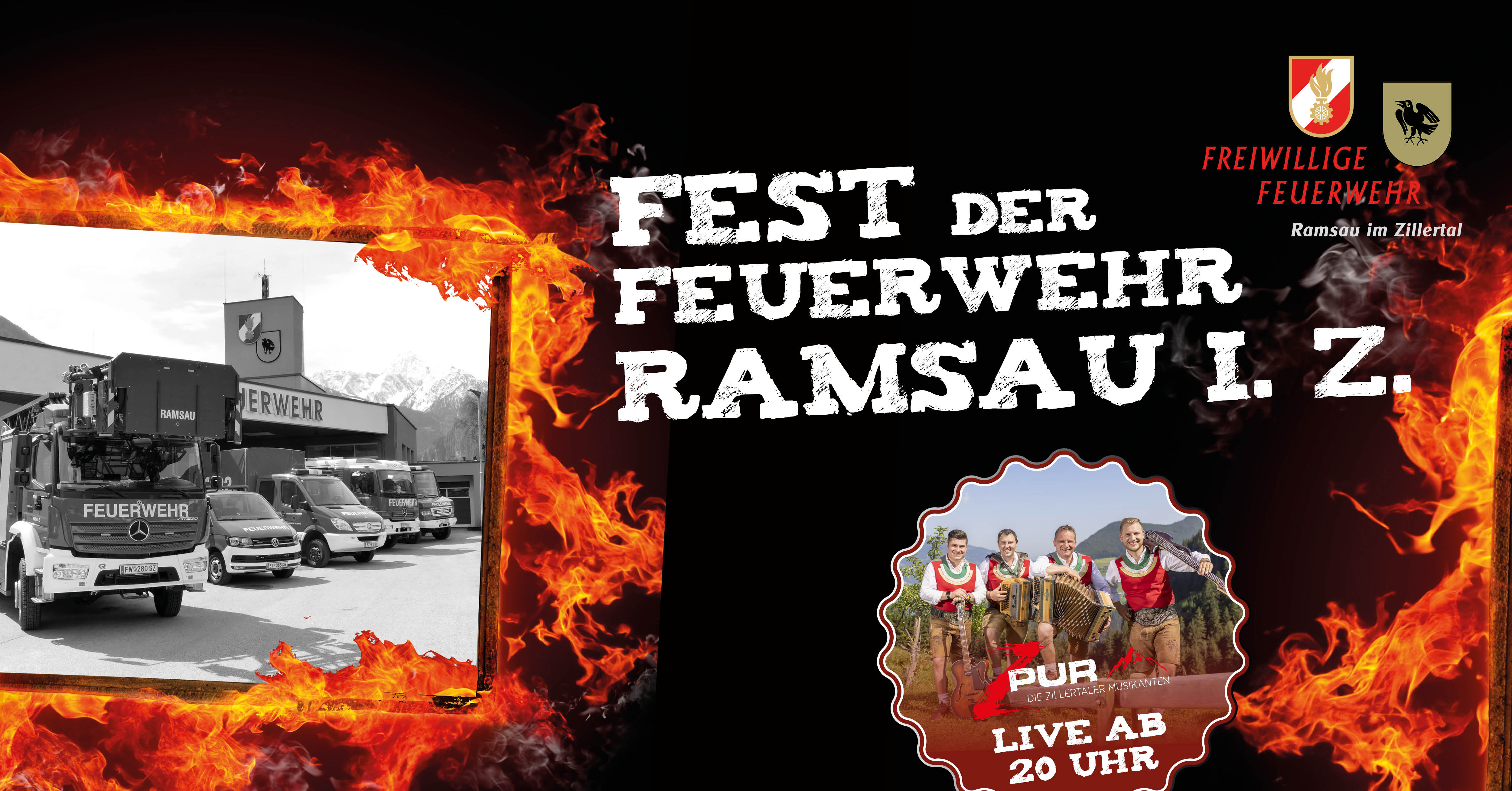 The image is a promotional poster for the fire department festival in Ramsau im Zillertal, featuring fire effects, fire trucks, and the announcement of a live music group.