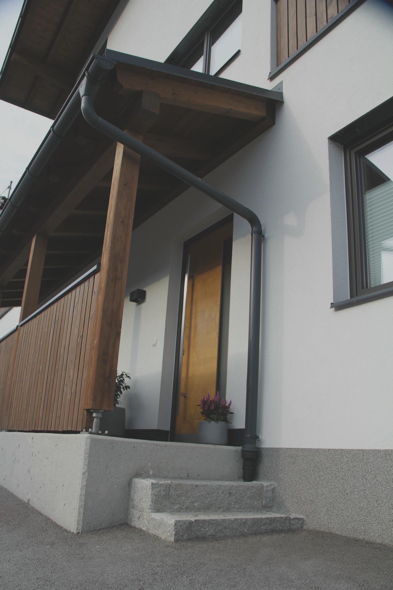 Eingangsbereich eines modernen Hauses mit Treppe, Pflanze und Holzdetails an der Fassade.